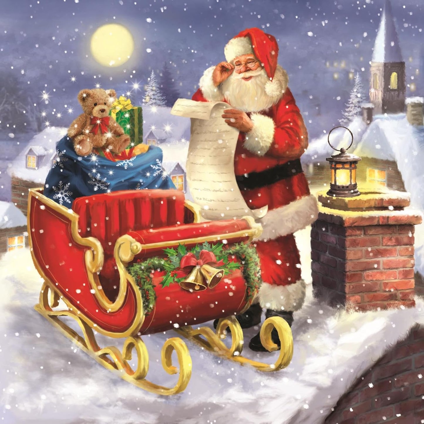 Pack of 10 Square Traditional Santa with Sleigh Christmas Cards