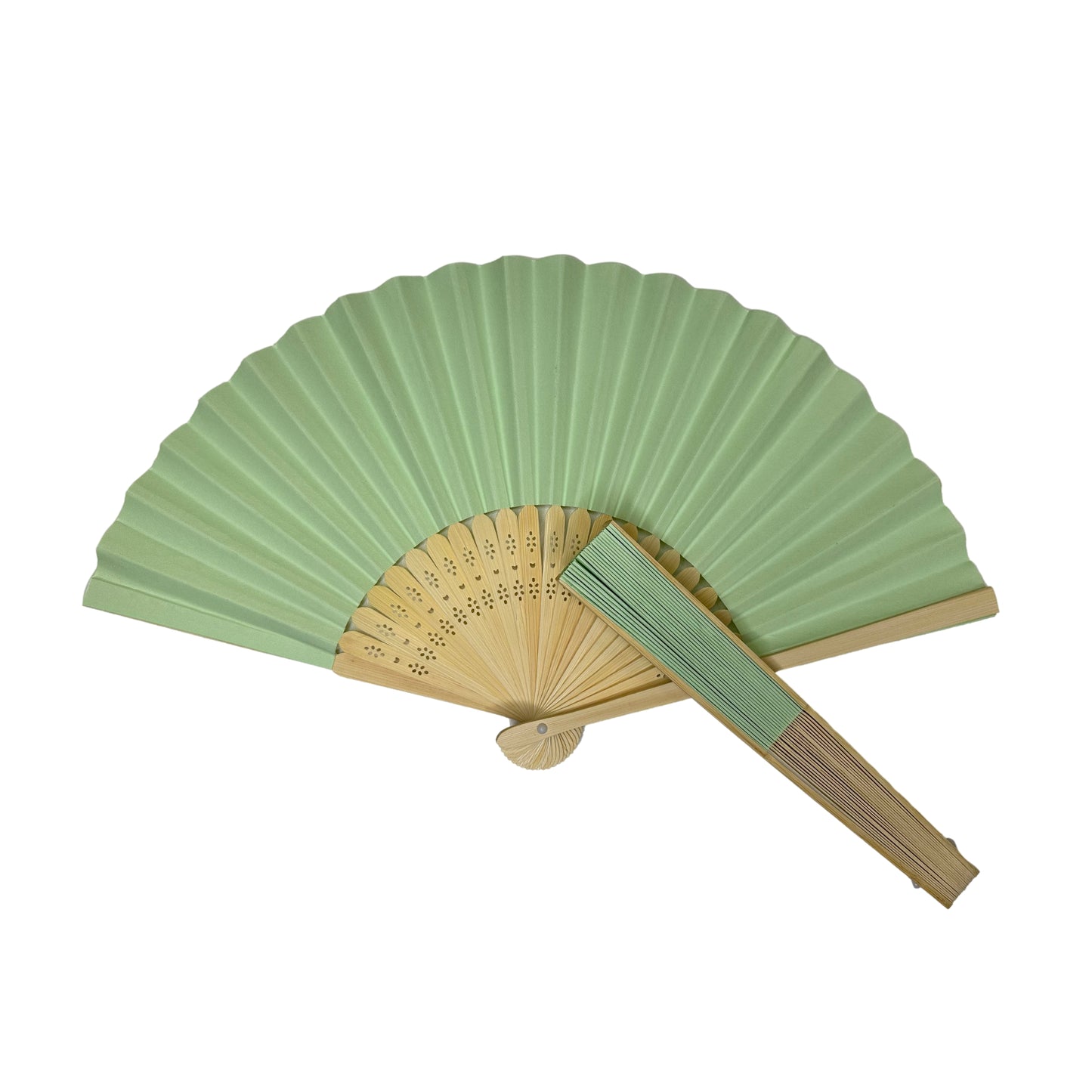 Light Green Paper Foldable Hand Held Bamboo Wooden Fan by Parev