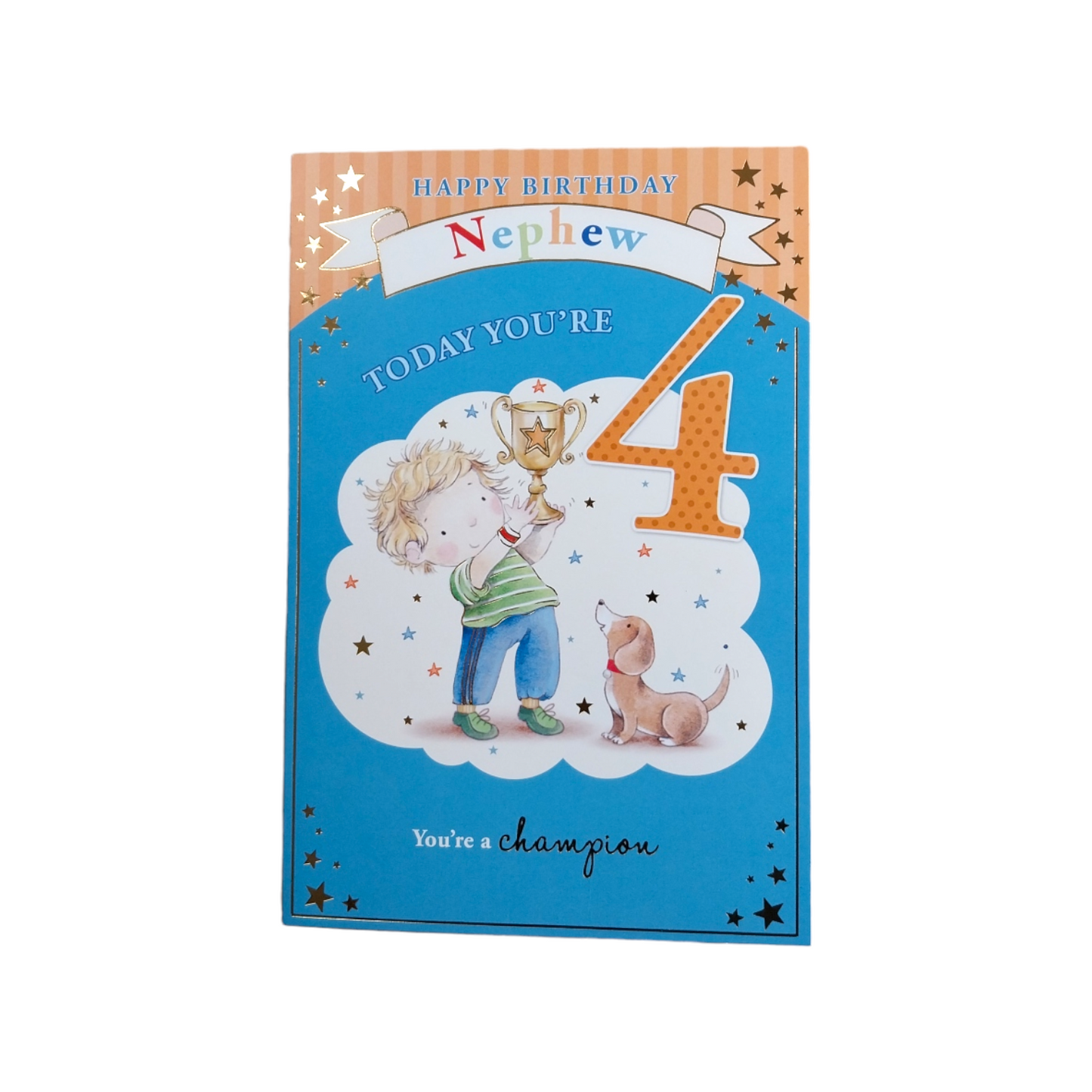 Little Boy & Bear with Trophy Nephew 4th Birthday Card