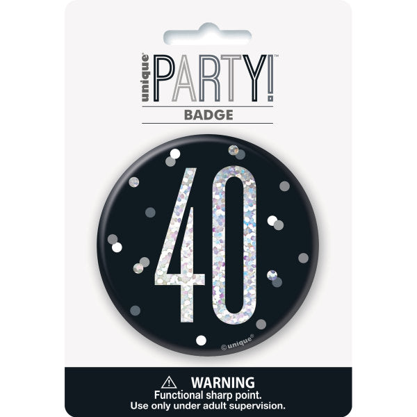 Glitz Black & Silver Birthday Badge 40