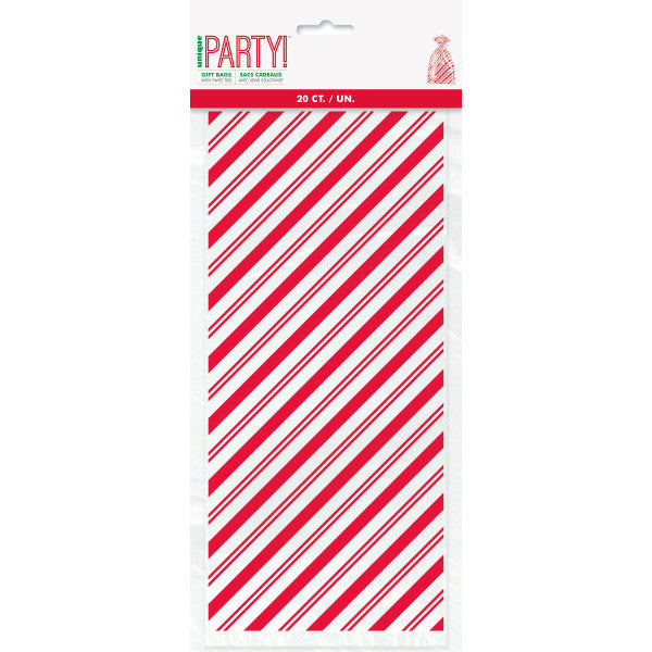 Pack of 20 Red Stripes Snowman Cellophane Bags, 5"x11"