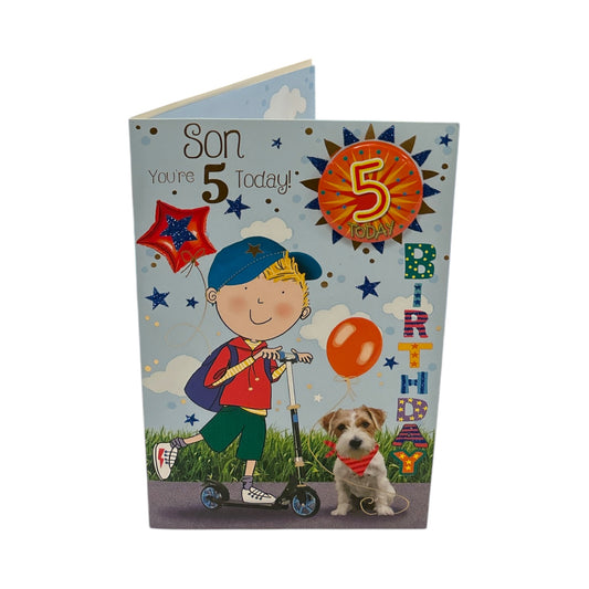 Son Age 5 Boy Riding A Scooter Juvenile Birthday Card With Badge