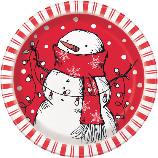 Pack of 8 Red Stripes Snowman Round 7" Dessert Plates