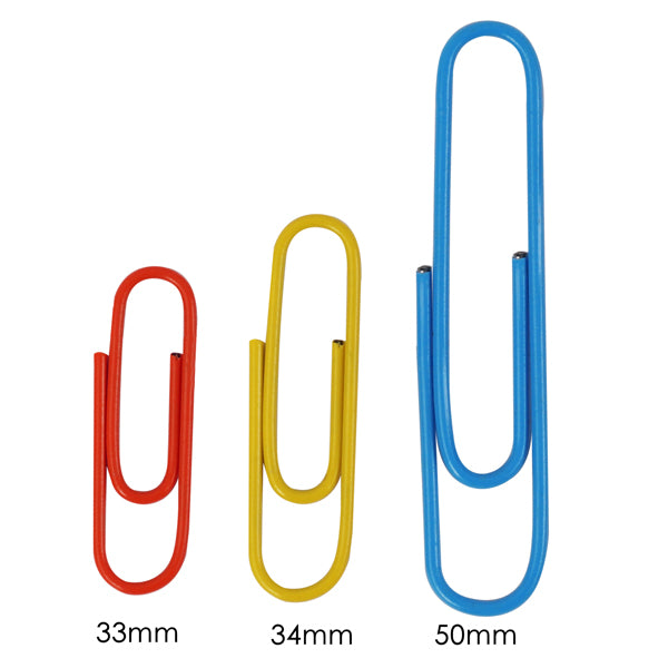 Pack of 100 Assorted Coloured 33mm Paper Clips