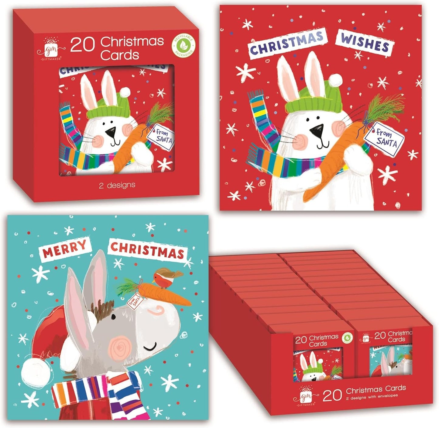 Single Pack of 20 Mini Square Cute Design Christmas Cards