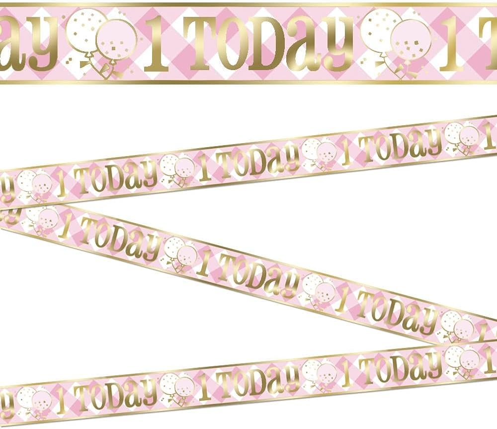 12ft Long Fold Foil Pink Gingham 1st Birthday Banner