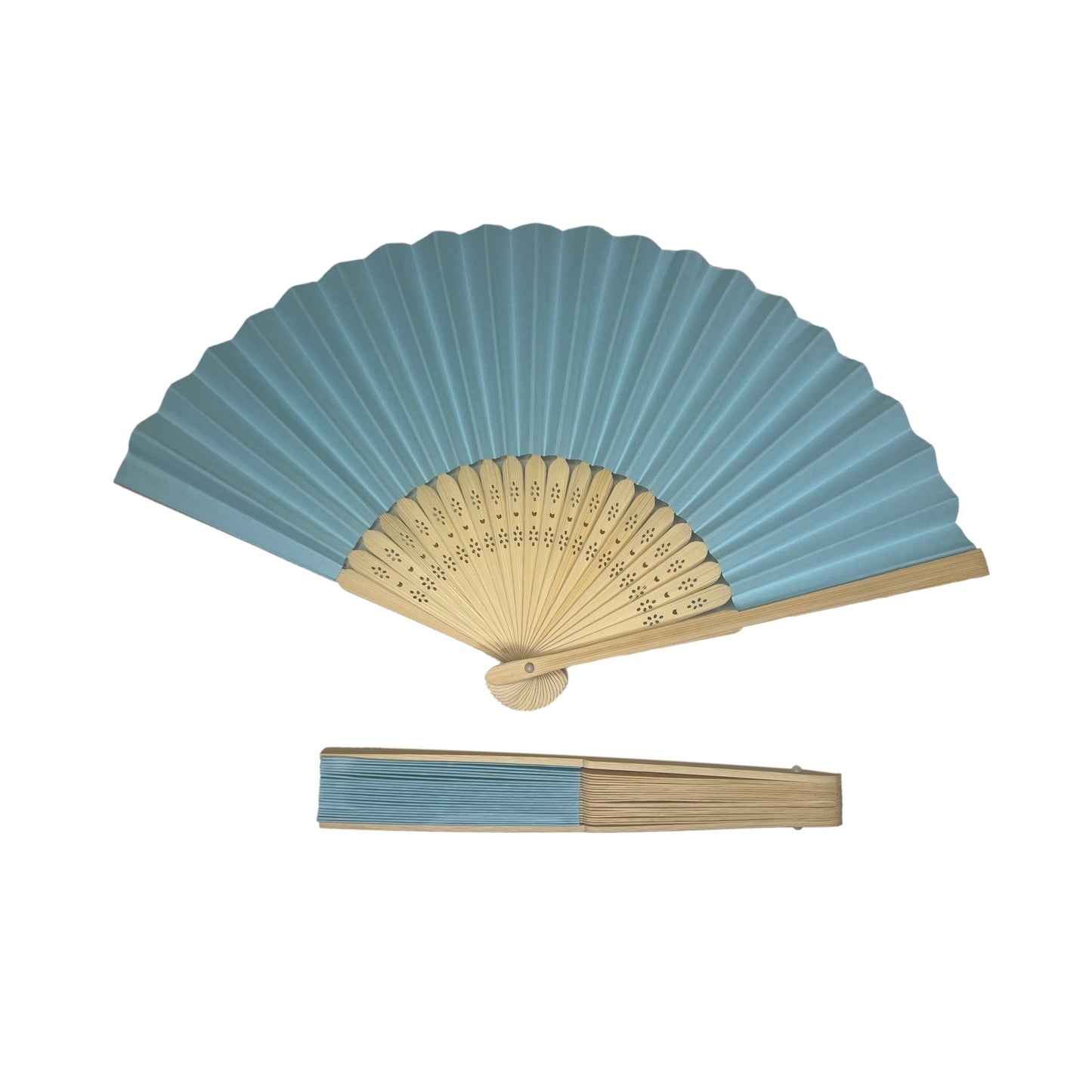 Light Blue Paper Foldable Hand Held Bamboo Wooden Fan by Parev