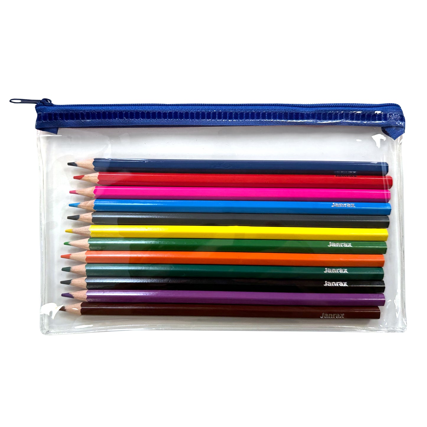 Pack of 12 Colouring Pencils in Blue Zip Clear Pencil Case