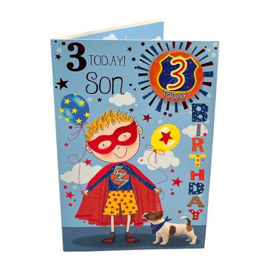 For Son Age 3 Superhero Theme Juvenile Birthday Card With Badge