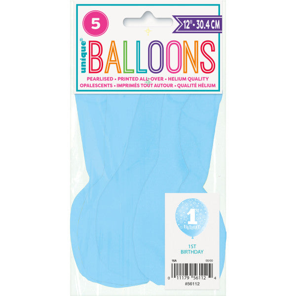 Pack of 5 Blue 1st Birthday 12" Latex Balloons