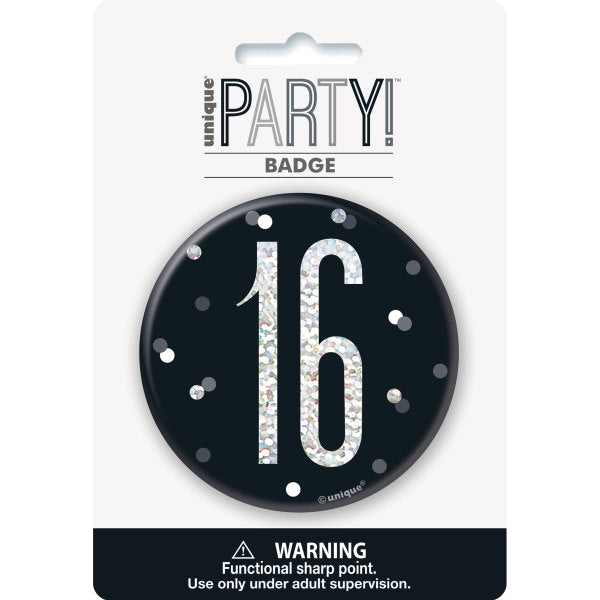 Glitz Black & Silver 16th Birthday Badge