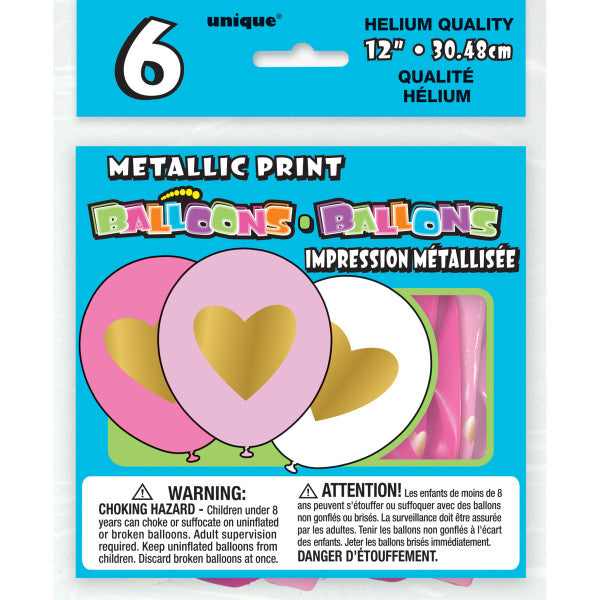 Pack of 6 Gold Heart 12" Assorted Latex Balloons