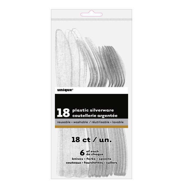 Pack of 18 Silver Glitter Assorted Plastic Cutlery