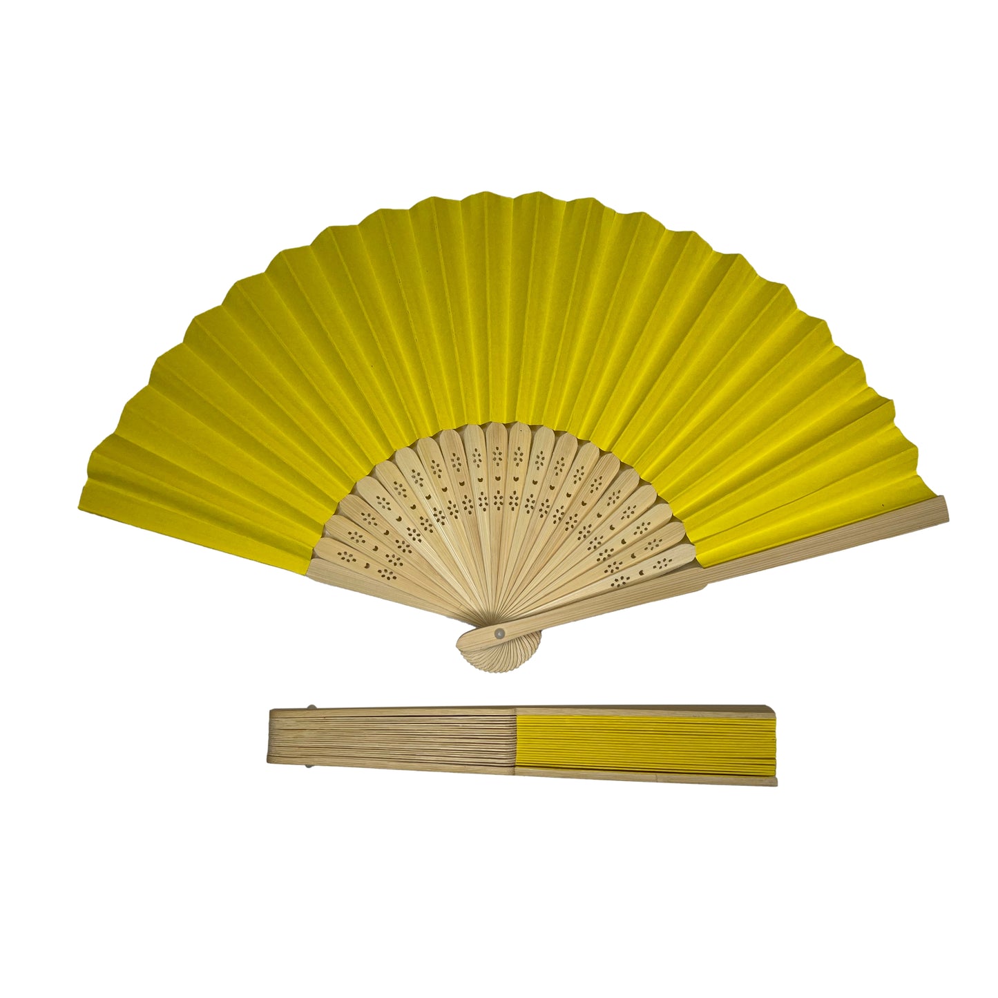 Yellow Paper Foldable Hand Held Bamboo Wooden Fan by Parev