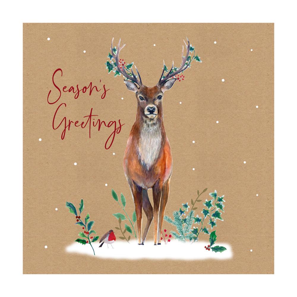 Pack of 12 Stag Brown Kraft Christmas Box Cards