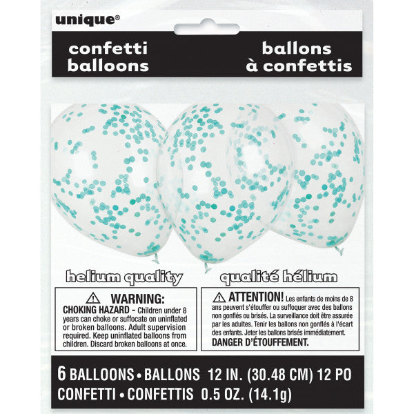 Pack of 6 Clear Latex Balloons with Caribbean Teal Confetti 12"