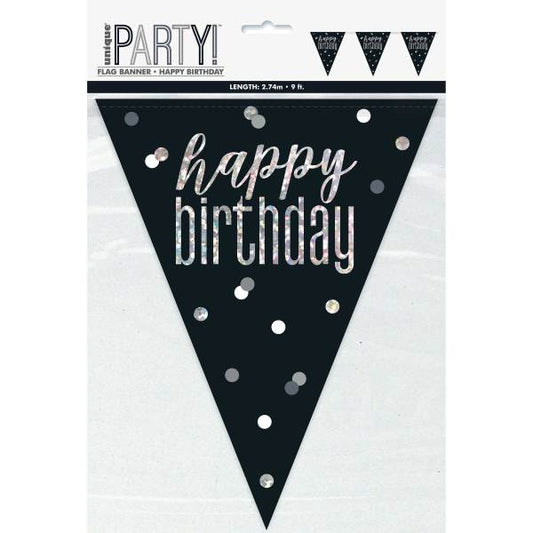 9ft Glitz Black & Silver Prismatic Plastic Flag Banner "Happy Birthday"