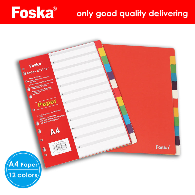 A4 12 Part Coloured Card Index Filing Dividers