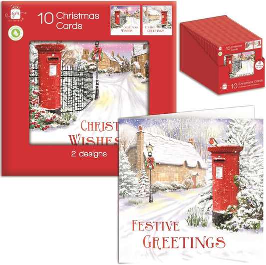 Pack of 10 Square Painted Post Box Christmas Cards