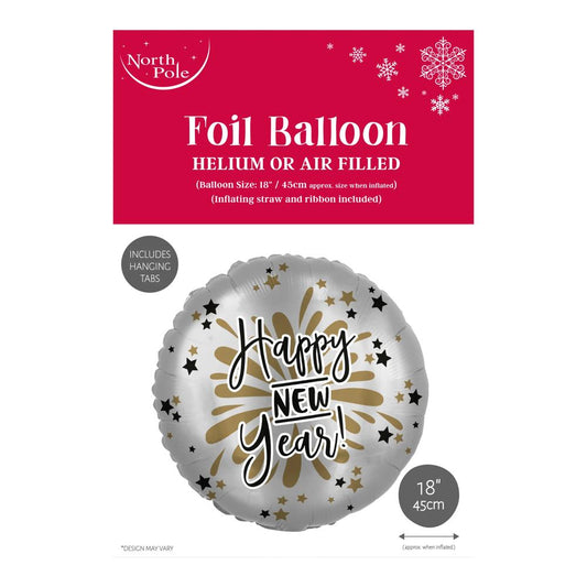 18" Happy New Year Round Foil Balloon Silver Gold Star