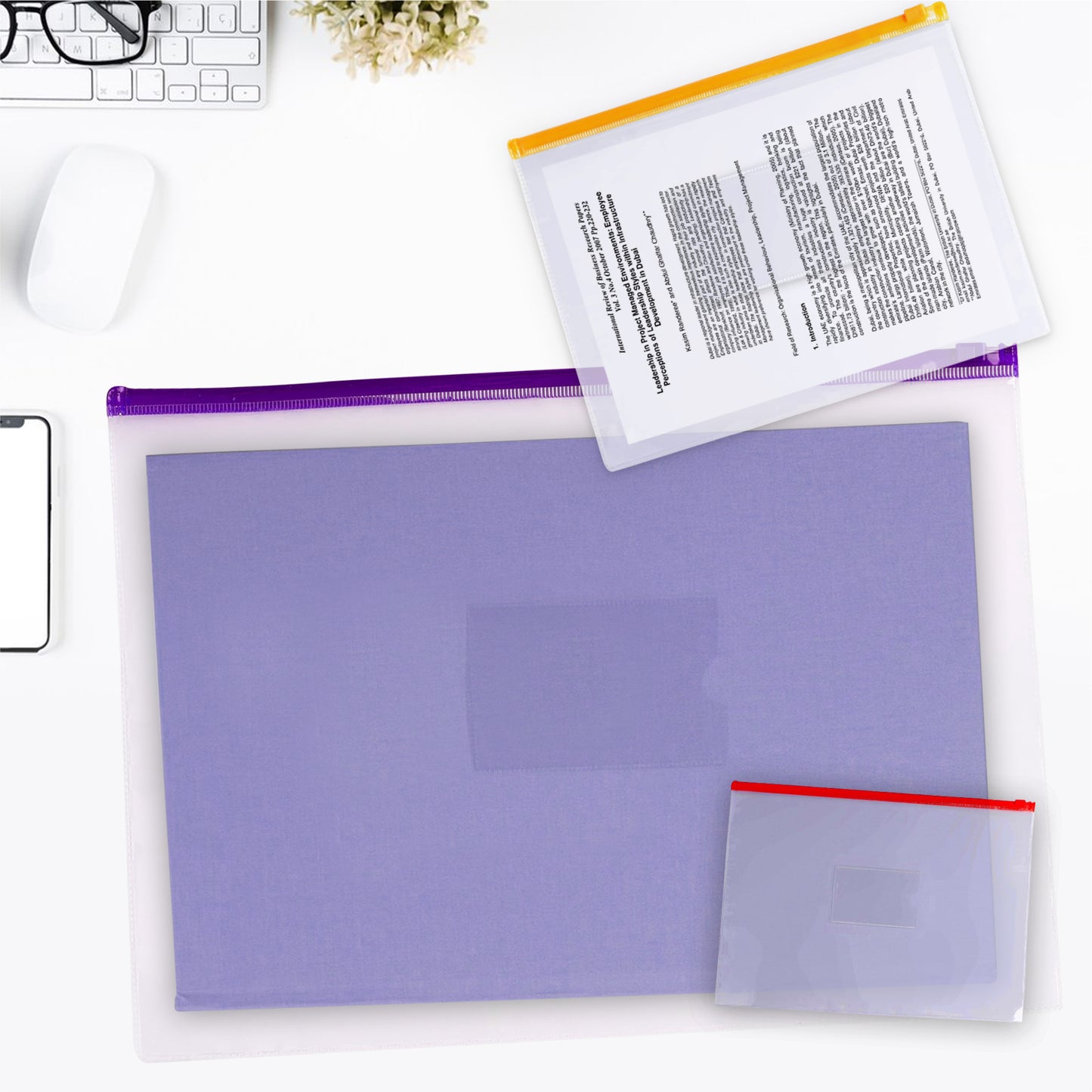 Pack of 12 A4+ Foolscap Clear Zippy Bags with Purple Zip