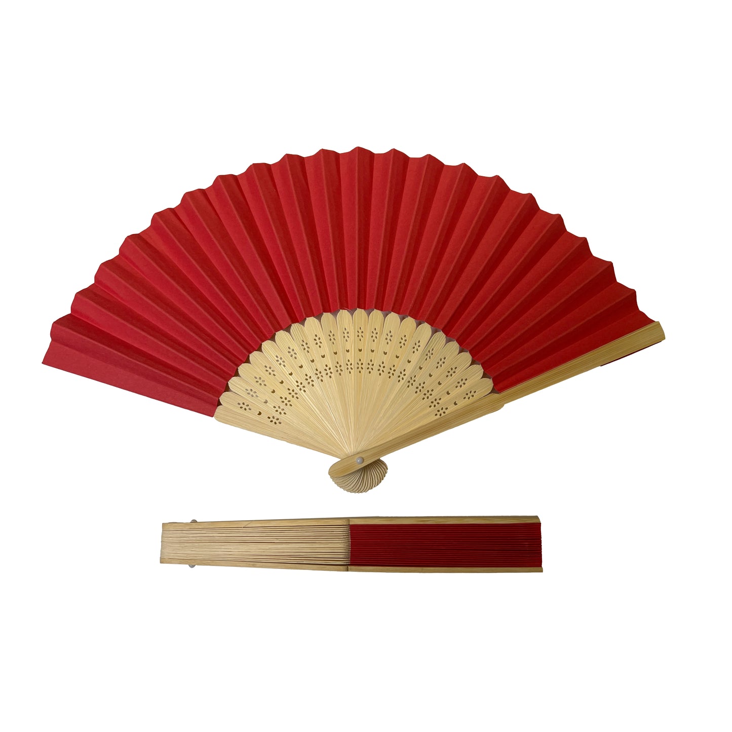 Red Paper Foldable Hand Held Bamboo Wooden Fan by Parev