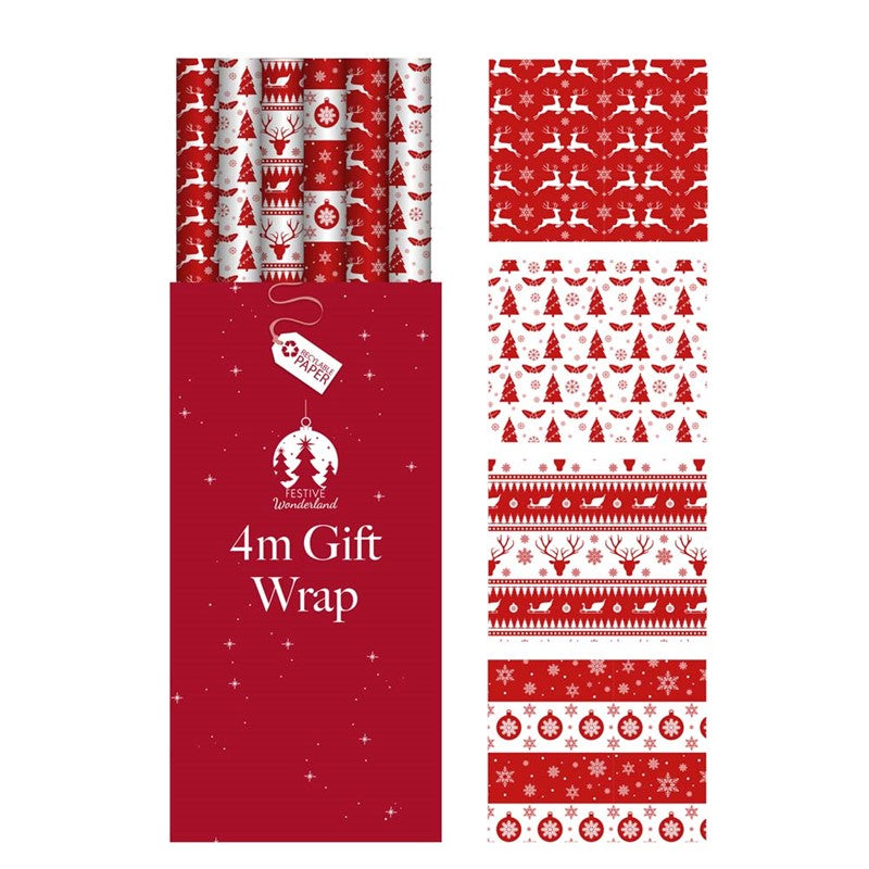 Single 4m Red and White Scandi Design Christmas Gift Wrap Roll