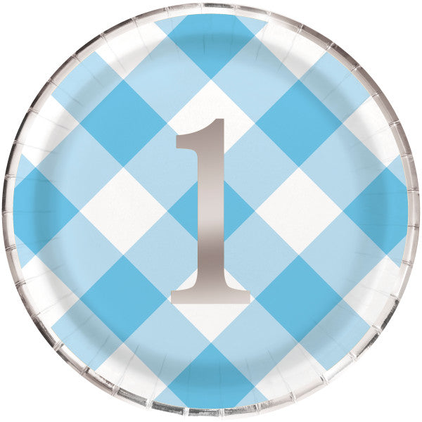 Pack of 8 Blue Gingham 1st Birthday Round 9" Dinner Plates