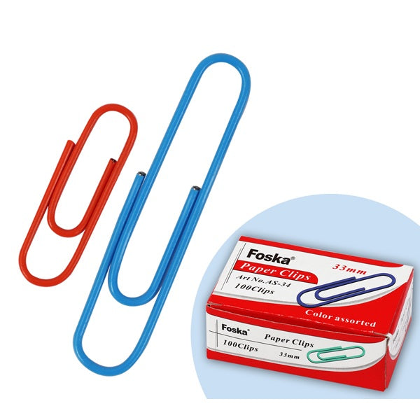 Pack of 100 Assorted Coloured 33mm Paper Clips