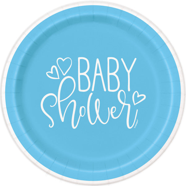 Pack of 8 Blue Hearts Baby Shower Round 9" Dinner Plates