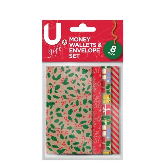 Pack of 8 Festive Kraft Designs Christmas Money Wallets and Envelope Set