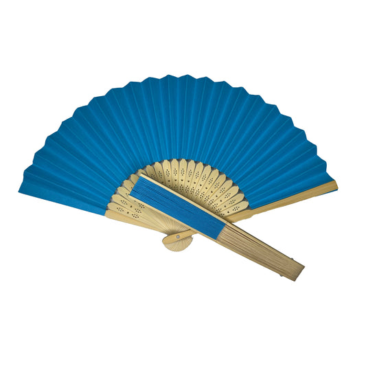 Blue Paper Foldable Hand Held Bamboo Wooden Fan by Parev