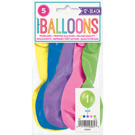 Pack of 5 Number 1 12" Pearlised Latex Balloons