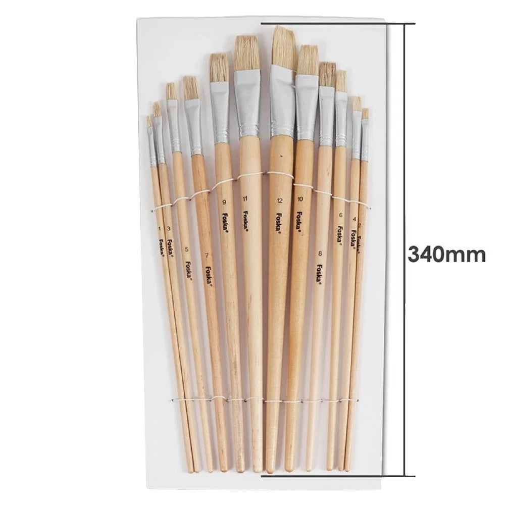 Pack of 12 Assorted Size Wooden Handle Bristle Hair Artist Paint Brush Set