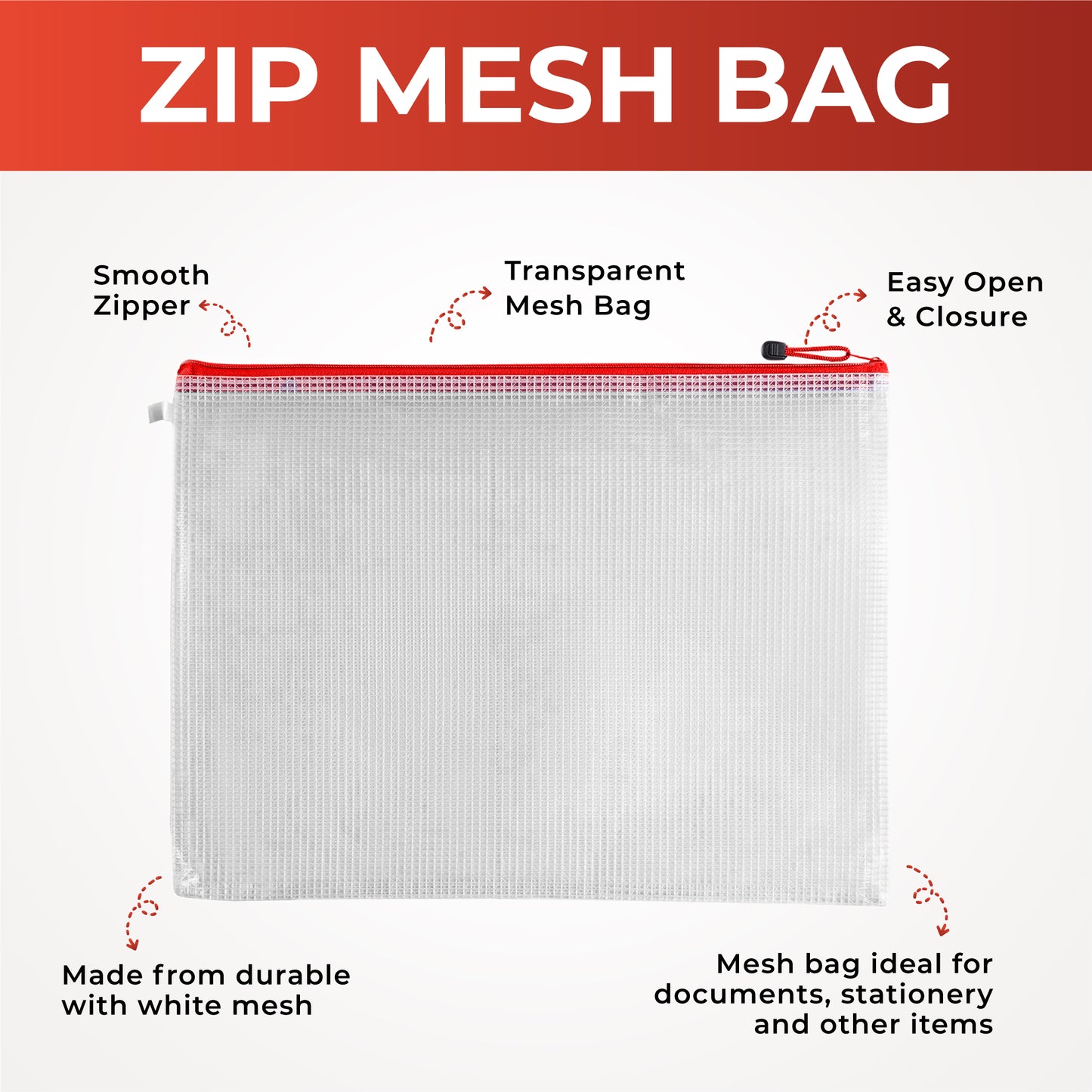 Pack of 12 A4 Red Zip Strong Mesh Bags - Tough Waterproof Storage