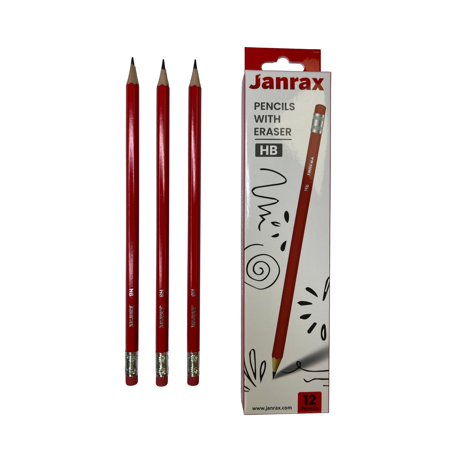 Pack of 12 Janrax HB Pencils with Erasers