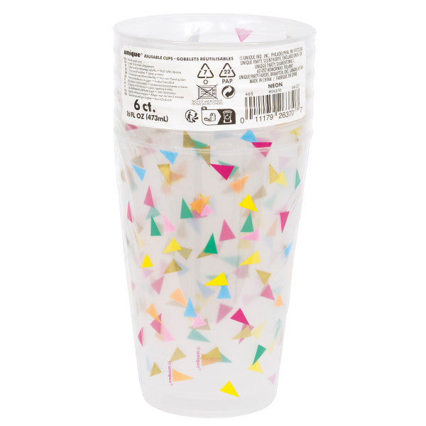 Pack of 6 Bright Triangle Birthday 16oz Frosted Reusable Plastic Cups with Foil Stamping