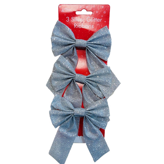 Pack of 3 Christmas Decorations Gift Wrap Silver Glitter Ribbon Bows