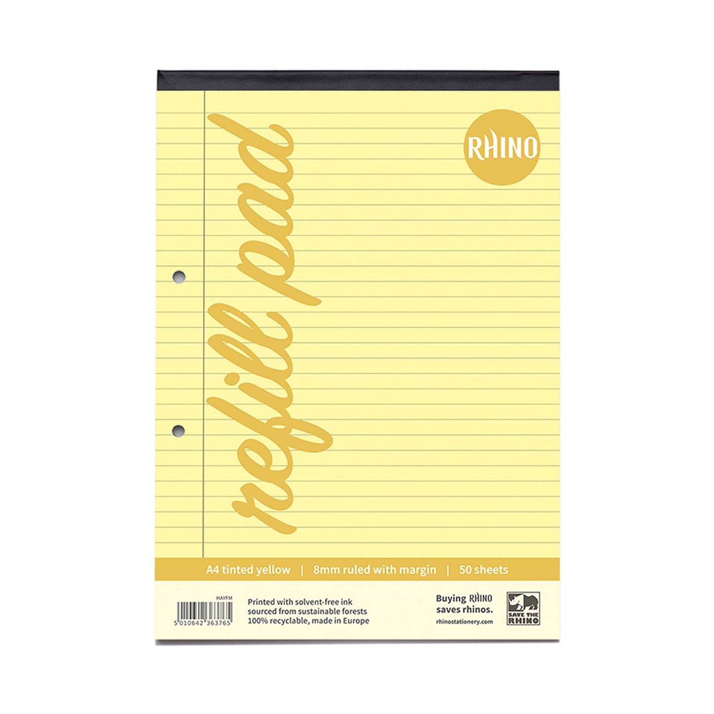 Rhino A4 Yellow Paper 100 Page 8mm Lined with Margin Refill Pad