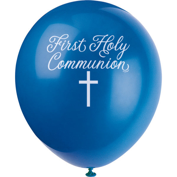 Pack of 8 Fancy Blue Cross First Holy Communion 12" Latex Balloons