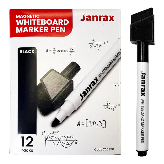 Pack of 12 Magnetic Whiteboard Black Marker Pens with Dry Wipe Eraser