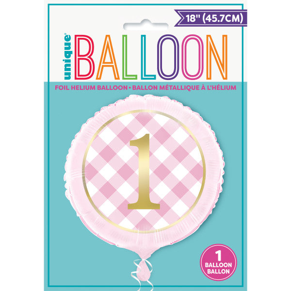 Pink Gingham 1st Birthday Round Foil Balloon 18"