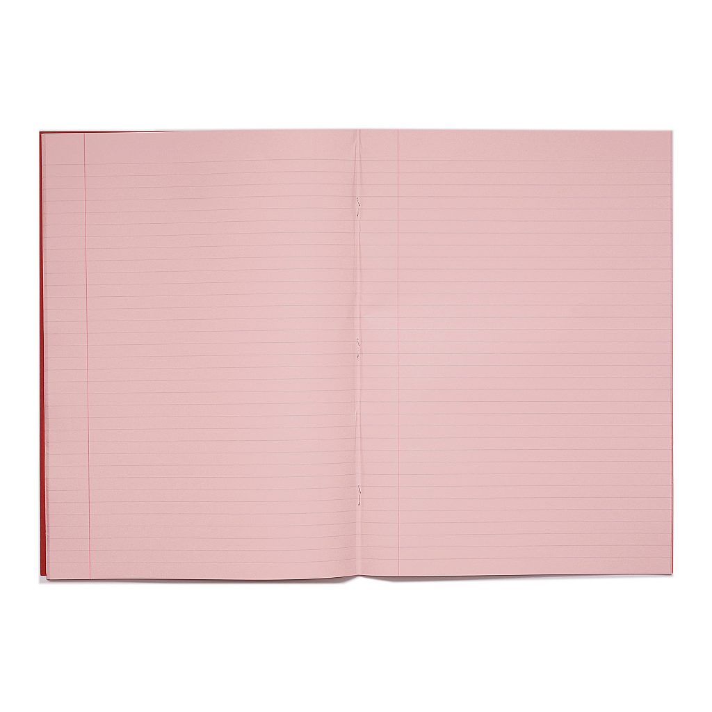 Rhino A4 48 Page Red with Pink Tinted Paper 8mm Lined with Margin Exercise Book