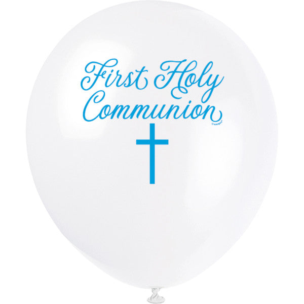 Pack of 8 Fancy Blue Cross First Holy Communion 12" Latex Balloons