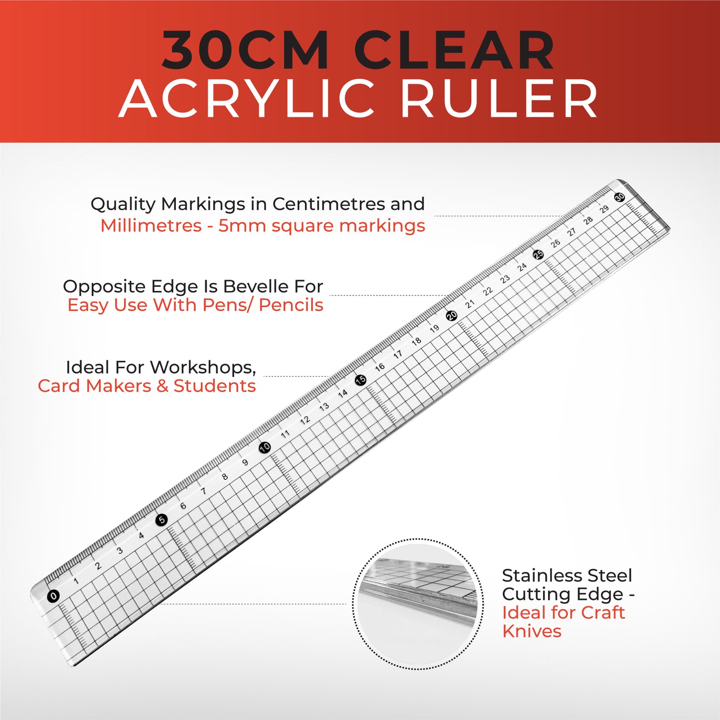 30cm Clear Acrylic Cutting Ruler with Steel Edge