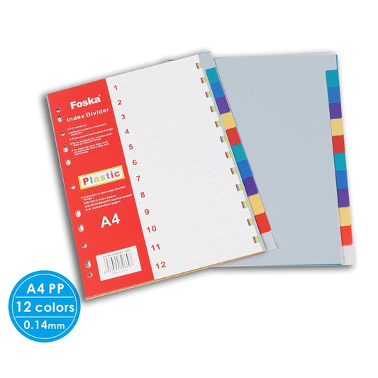 A4 12 Part Plastic Coloured Tab Index Dividers