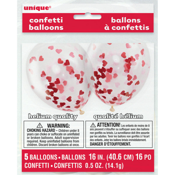 Pack of 5 Clear Latex Balloons with Heart-Shaped Confetti 16"