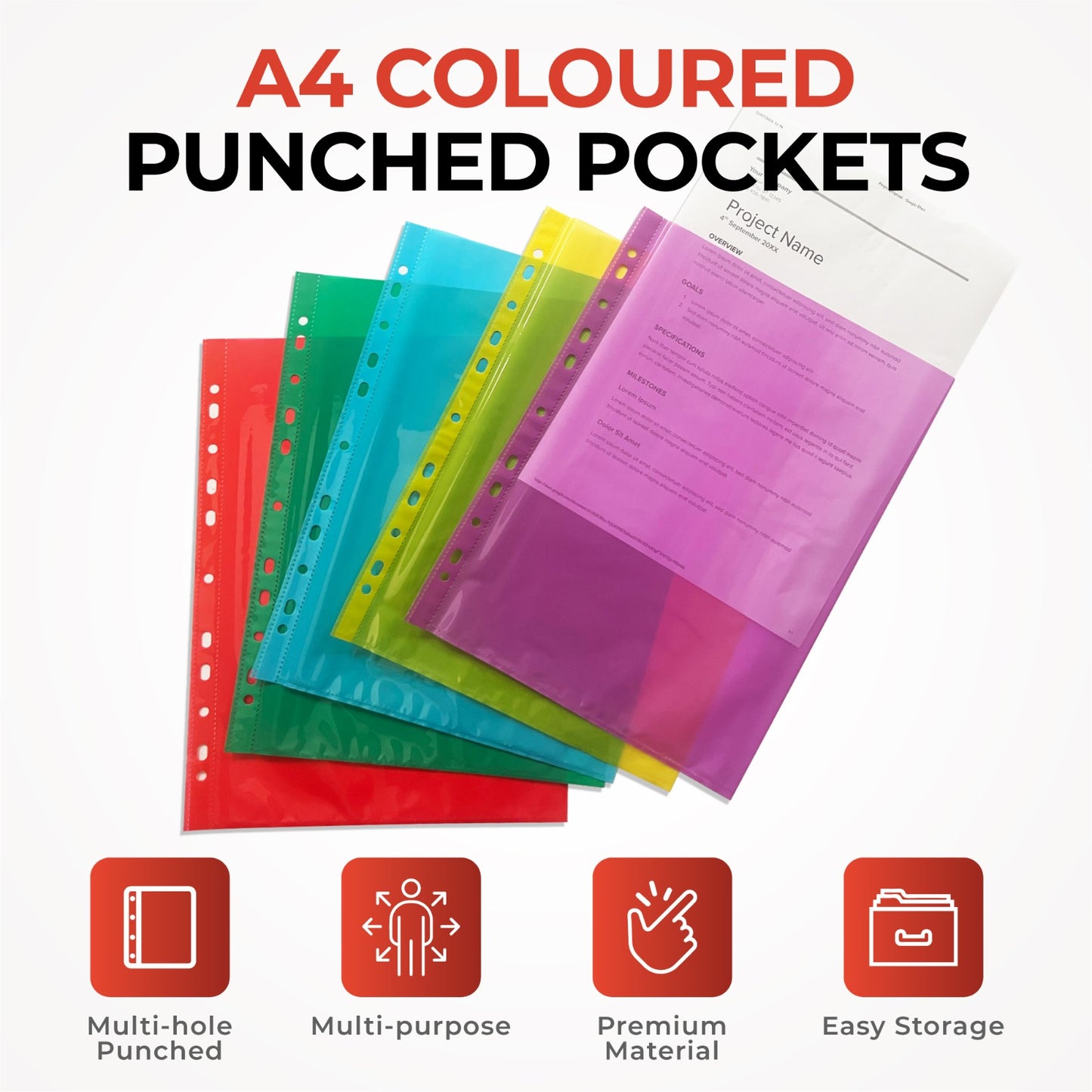 Pack of 50 A4 Assorted Colour Punched Pockets by Janrax