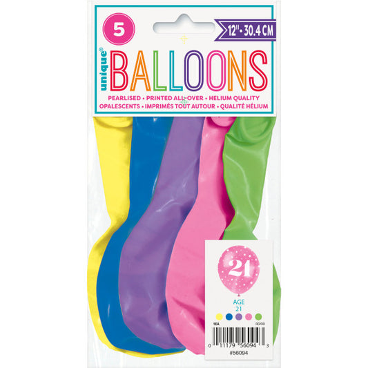 Pack of 5 Number 21 12" Latex Balloons