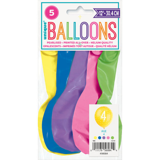 Pack of 5 Number 4 12" Latex Balloons